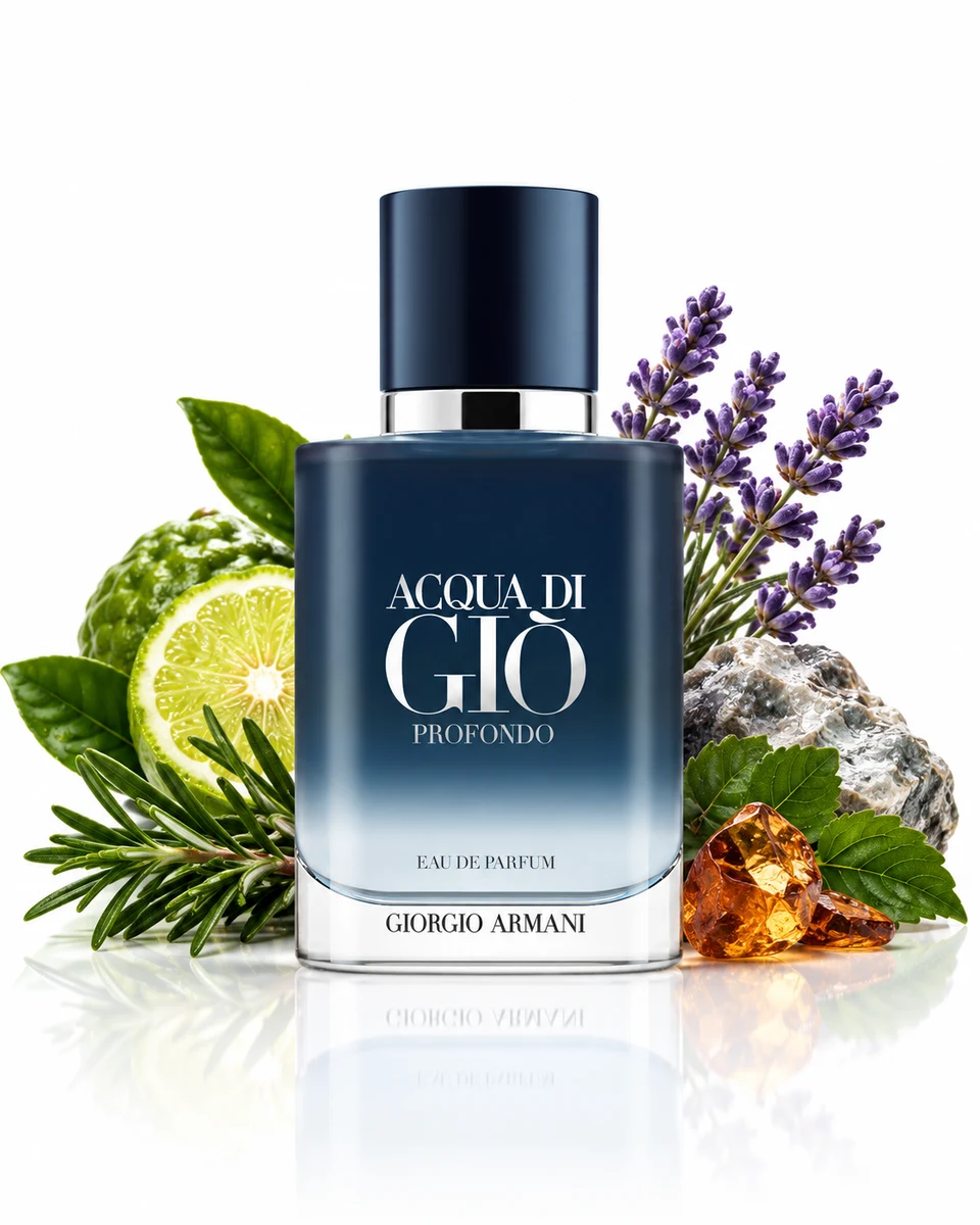 Giorgio Armani Acqua di Giò Profondo Eau de Parfum bottle with fragrance-note elements (AI-generated)
