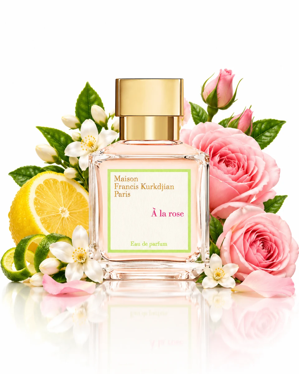 Maison Francis Kurkdjian À la Rose Eau de Parfum bottle with fragrance-note elements (AI-generated)