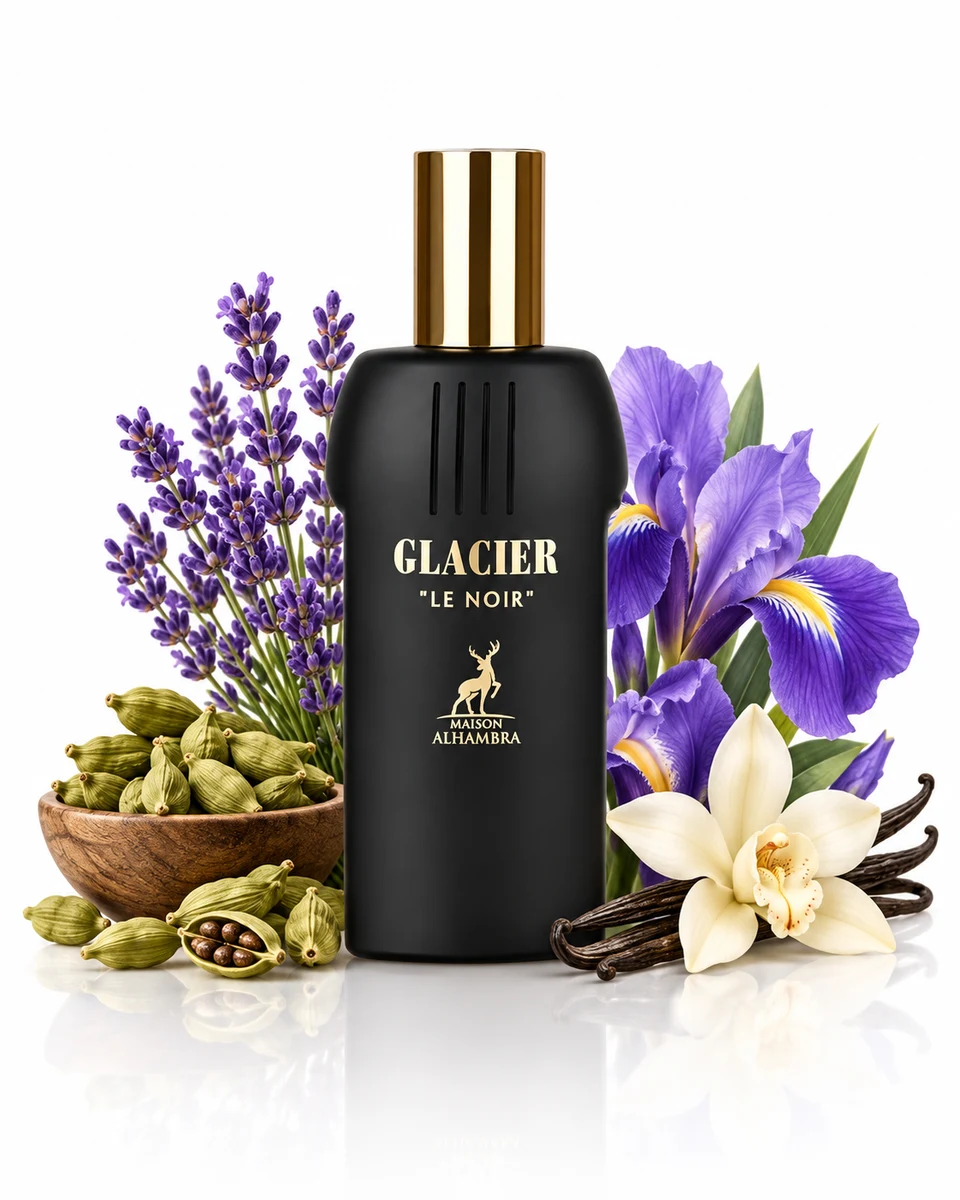 Maison Alhambra Glacier Le Noir Eau de Parfum bottle with fragrance-note elements (AI-generated)