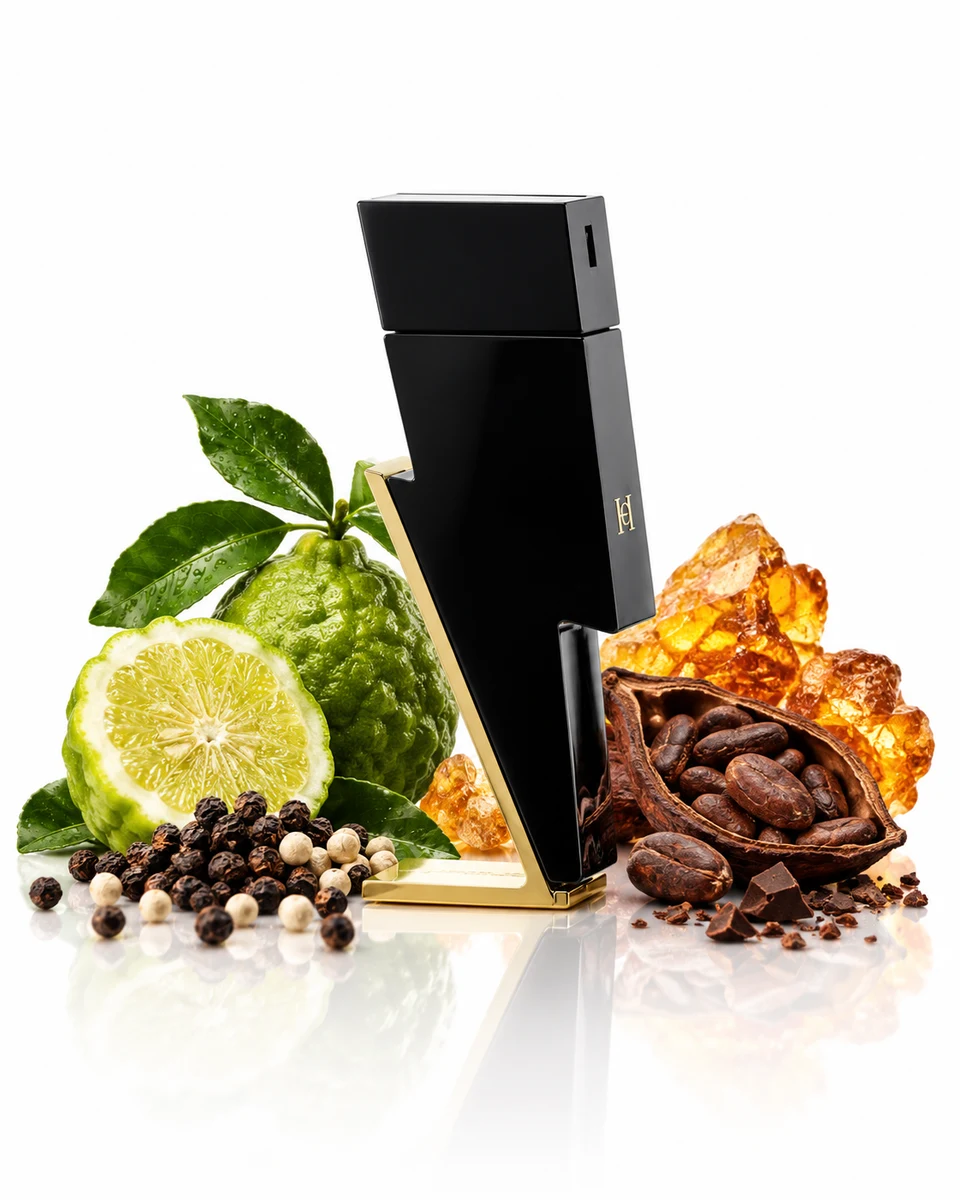 Carolina Herrera Bad Boy Eau de Toilette bottle with fragrance-note elements (AI-generated)