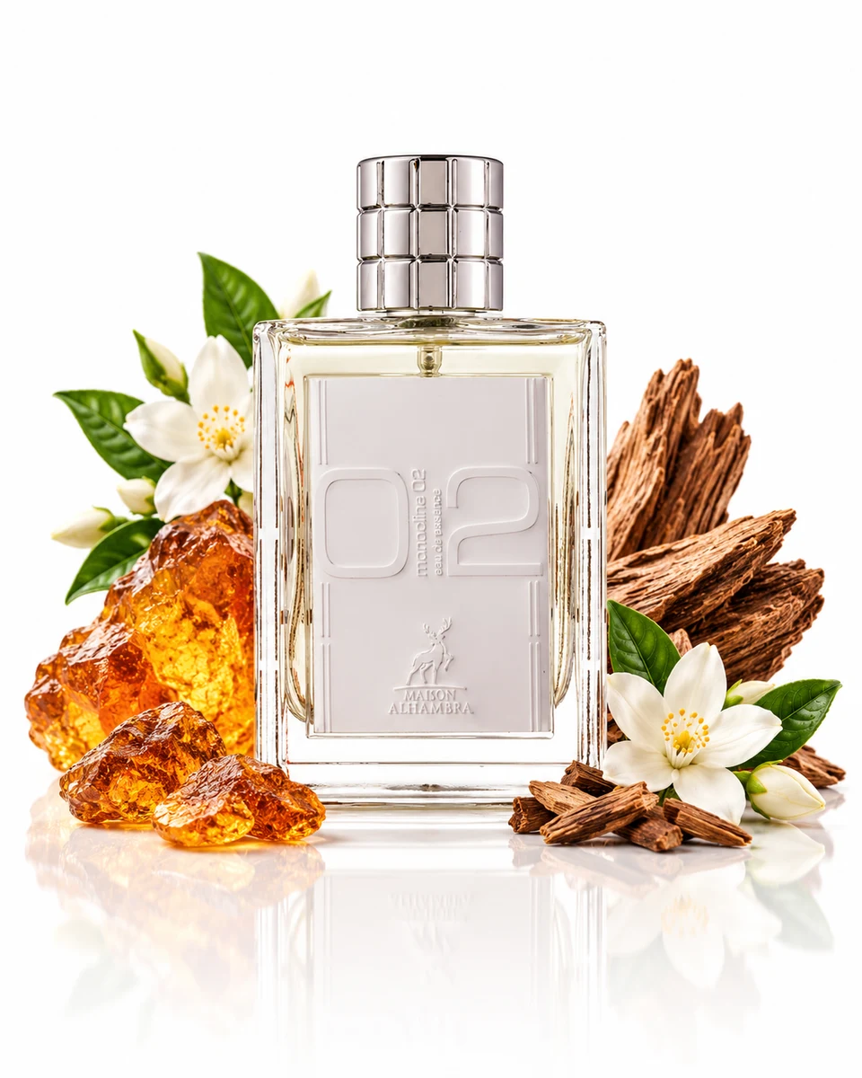 Maison Alhambra Monocline 02 Eau de Parfum bottle with fragrance-note elements (AI-generated)