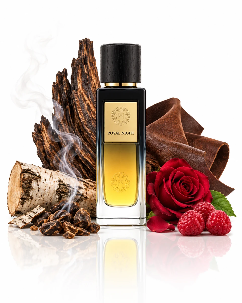 The Woods Collection Royal Night Eau de Parfum bottle with fragrance-note elements (AI-generated)