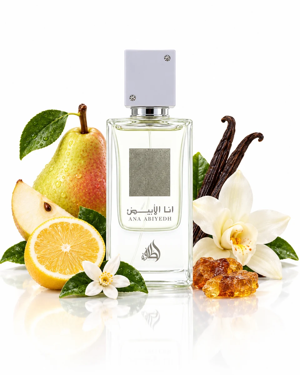 Lattafa Ana Abiyedh Eau de Parfum bottle with fragrance-note elements (AI-generated)