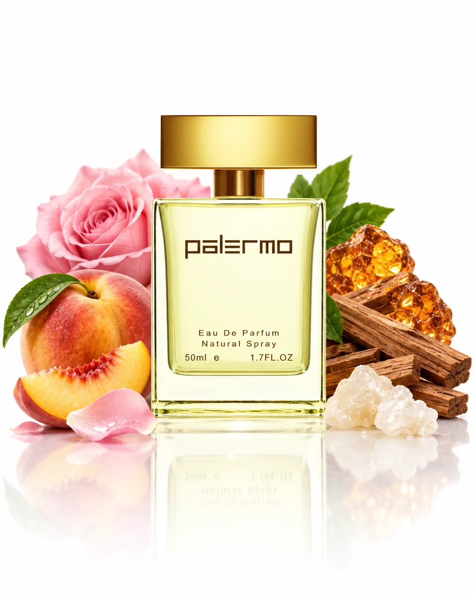 Palermo Perfumes W201 Eau de Parfum bottle with fragrance-note elements (AI-generated)
