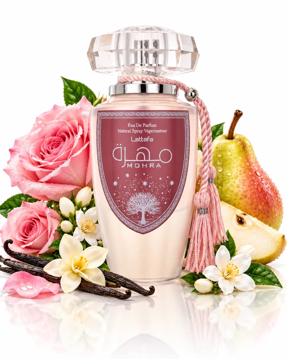 Lattafa Mohra Silky Rose Eau de Parfum bottle with fragrance-note elements (AI-generated)