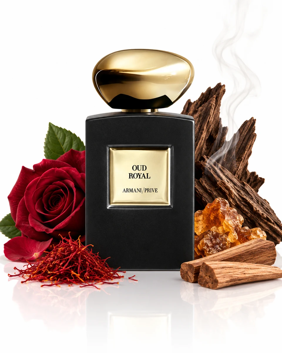 Armani Privé Oud Royal Eau de Parfum bottle with fragrance-note elements (AI-generated)