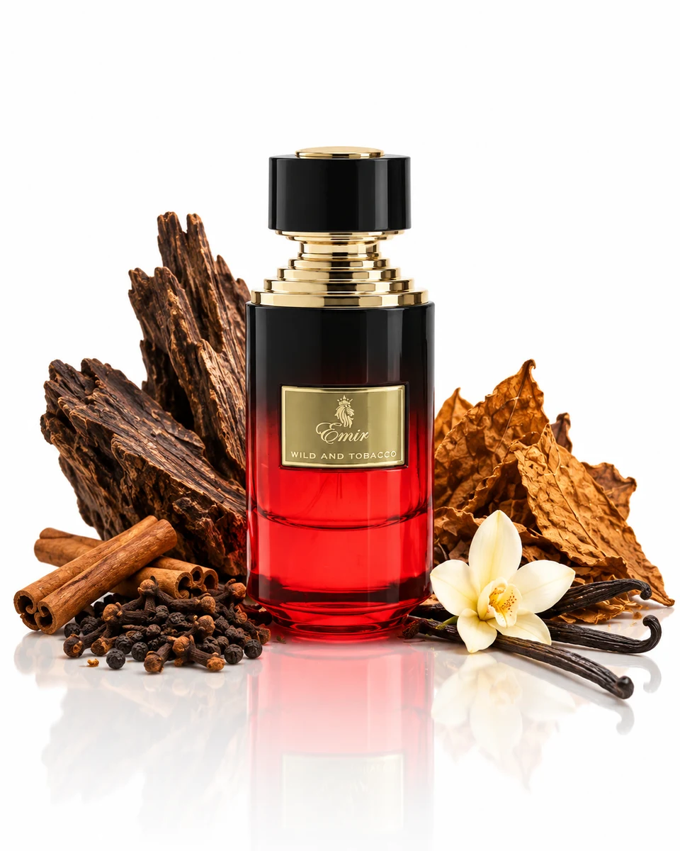 Paris Corner Emir Wild and Tobacco Eau de Parfum bottle with fragrance-note elements (AI-generated)