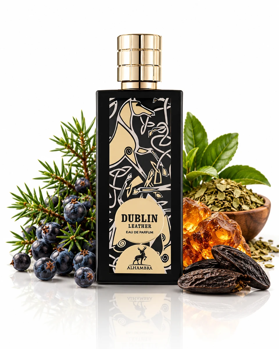 Maison Alhambra Dublin Leather bottle with fragrance-note elements (AI-generated)