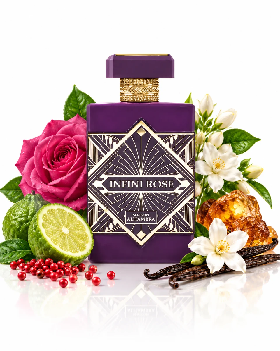 Maison Alhambra Infini Rose Eau de Parfum bottle with fragrance-note elements (AI-generated)