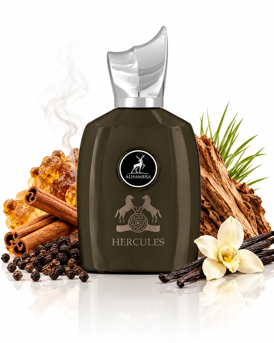 Maison Alhambra Hercules Eau de Parfum bottle with fragrance-note elements (AI-generated)