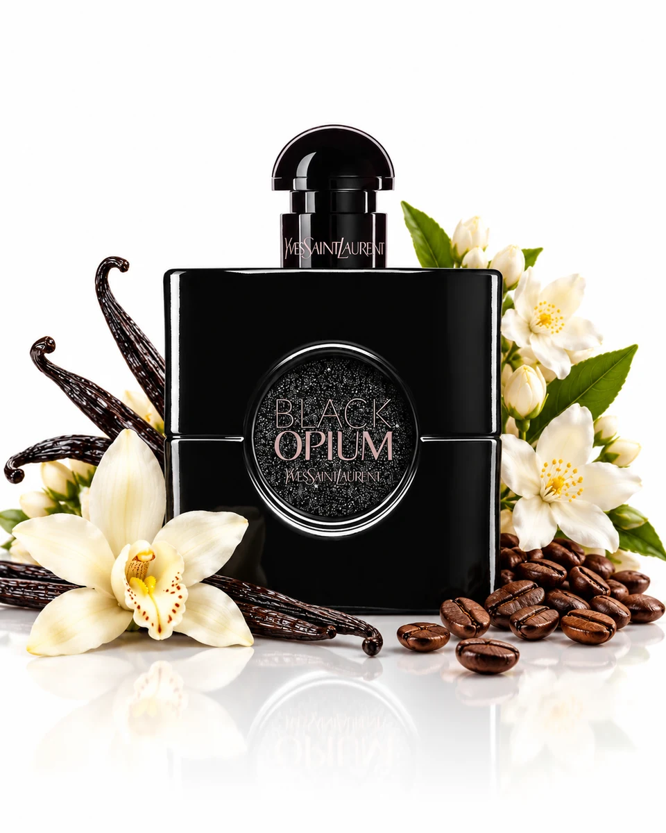 Yves Saint Laurent Black Opium Le Parfum Le Parfum bottle with fragrance-note elements (AI-generated)