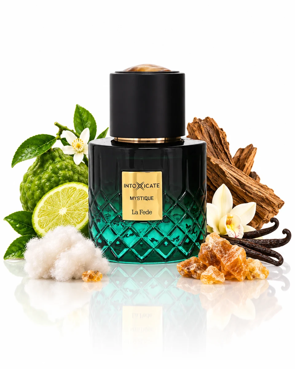 Khadlaj Intoxicate Mystique Extrait de Parfum bottle with fragrance-note elements (AI-generated)