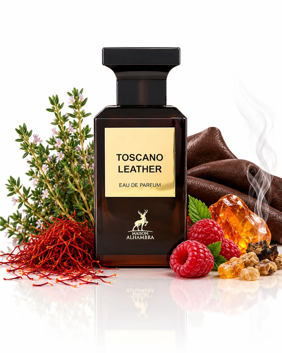 Maison Alhambra Toscano Leather Eau de Parfum bottle with fragrance-note elements (AI-generated)