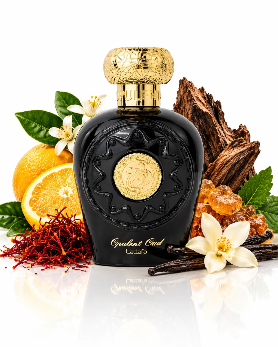 Lattafa Opulent Oud Eau de Parfum bottle with fragrance-note elements (AI-generated)