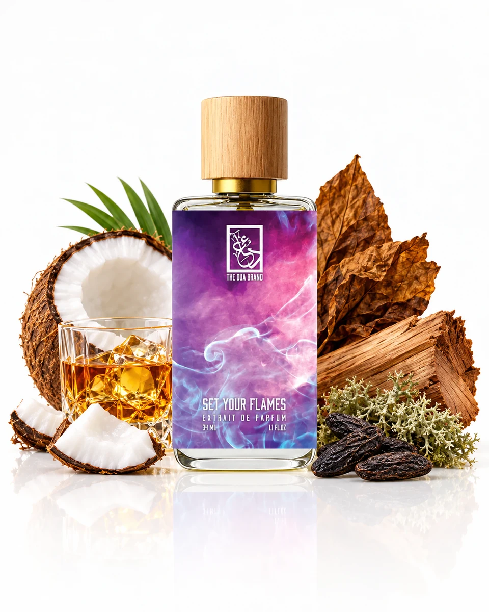 The Dua Brand Set Your Flames Extrait de Parfum bottle with fragrance-note elements (AI-generated)