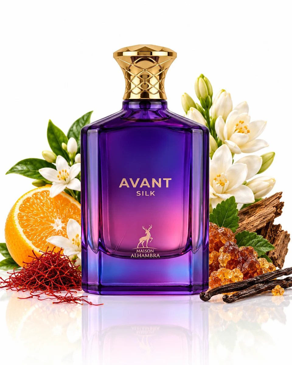Maison Alhambra Avant Silk Eau de Parfum bottle with fragrance-note elements (AI-generated)