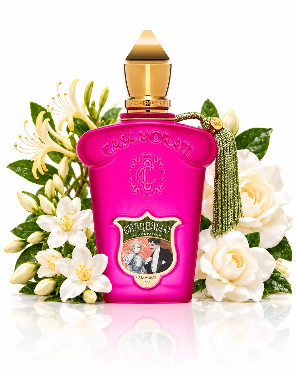 Xerjoff Casamorati Gran Ballo Eau de Parfum bottle with fragrance-note elements (AI-generated)