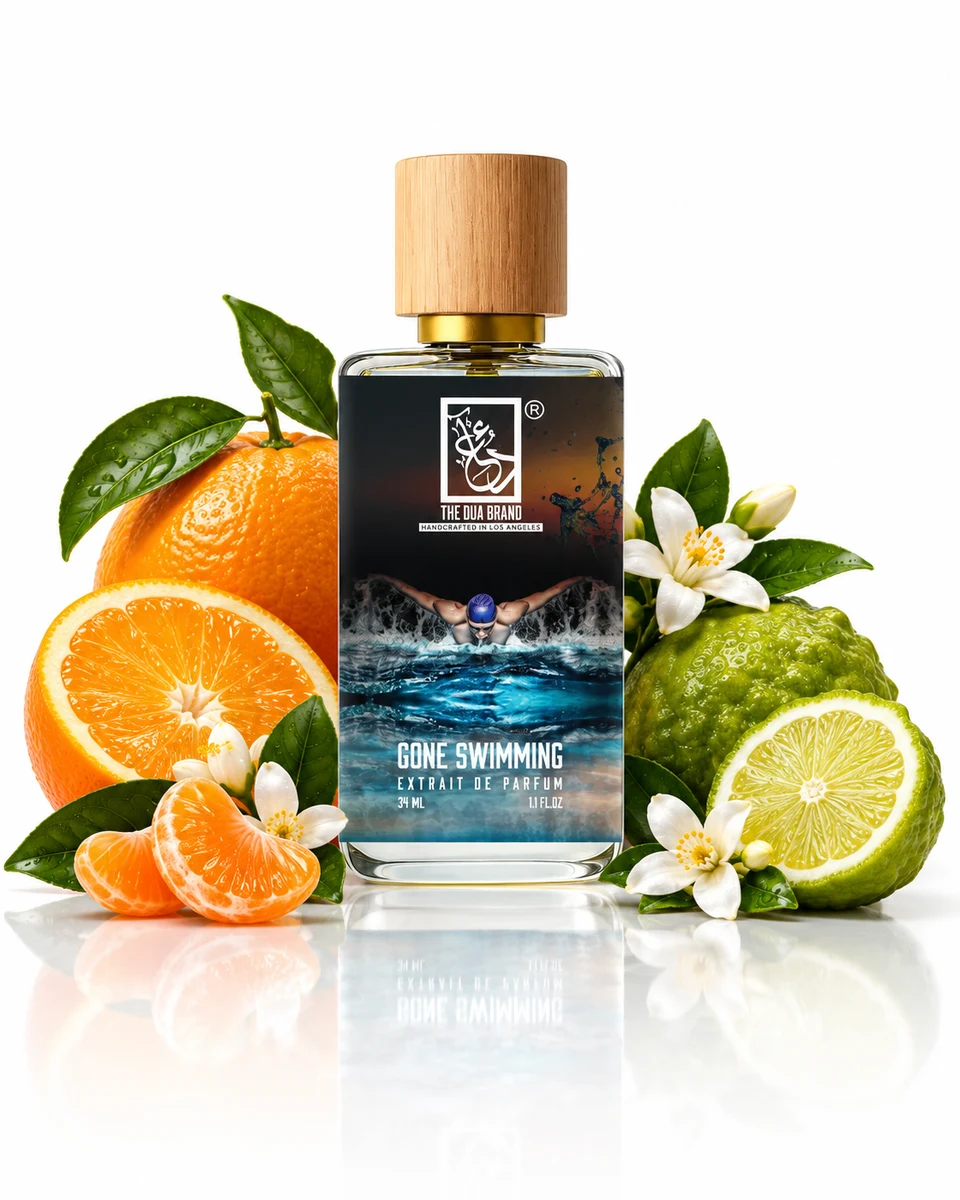 The Dua Brand Gone Swimming Extrait de Parfum bottle with fragrance-note elements (AI-generated)