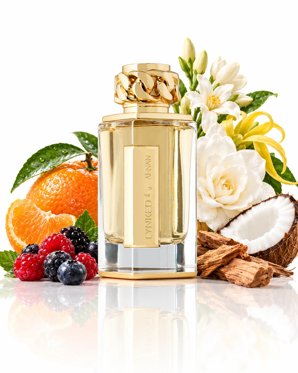 Afnan Lynked Forever Eau de Parfum bottle with fragrance-note elements (AI-generated)