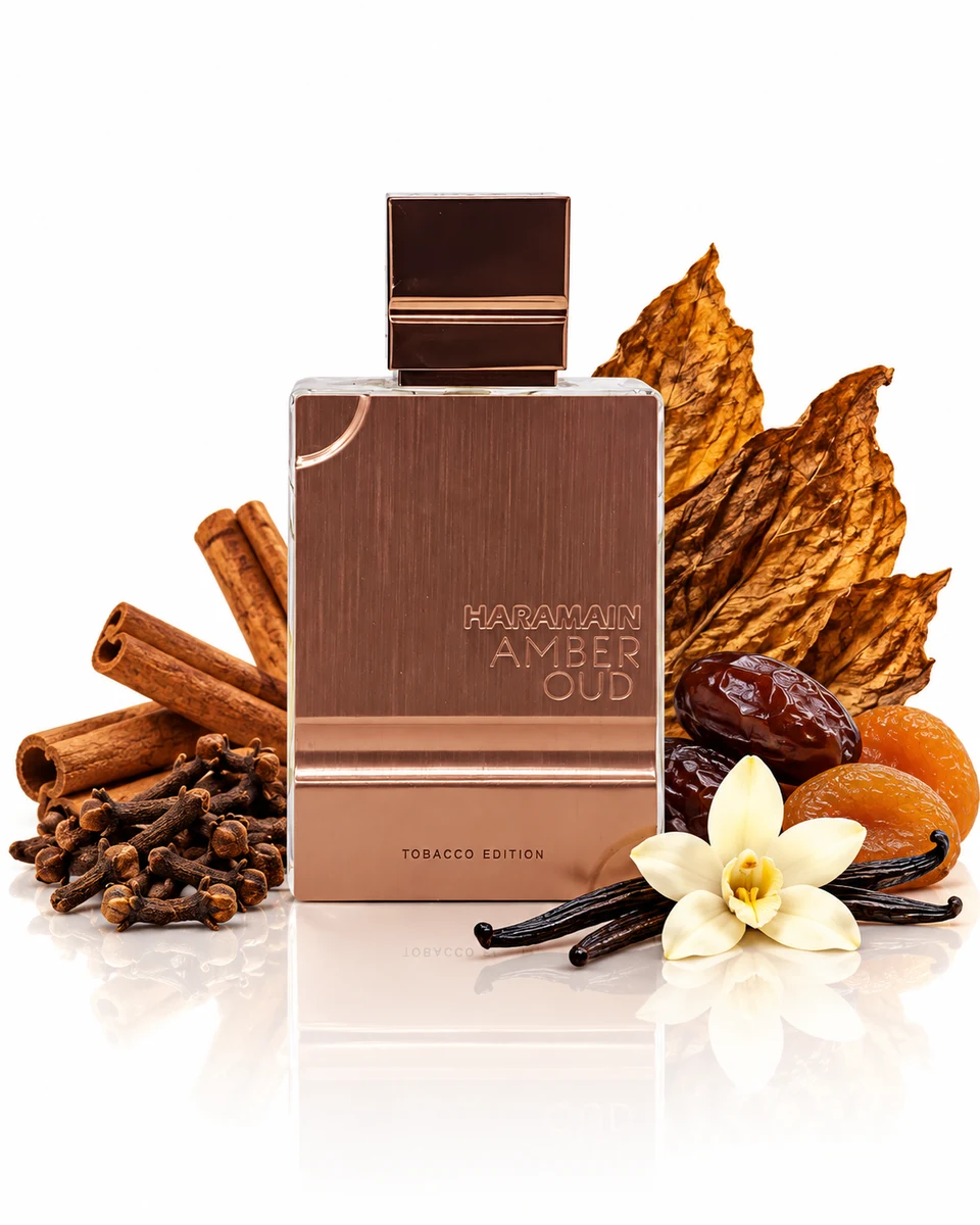 Al Haramain Amber Oud Tobacco Edition Eau de Parfum bottle with fragrance-note elements (AI-generated)