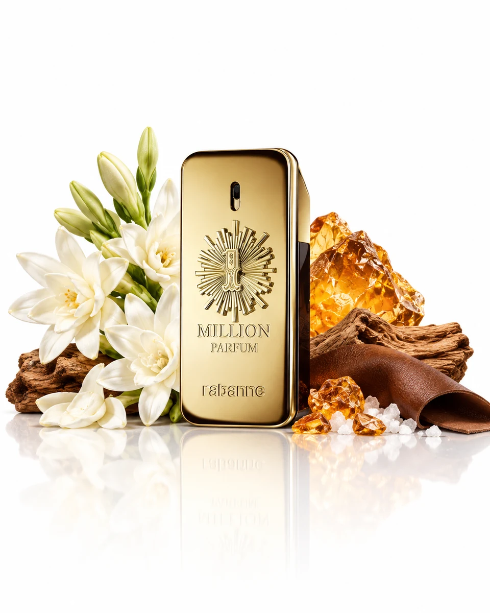Rabanne 1 Million Parfum Parfum bottle with fragrance-note elements (AI-generated)