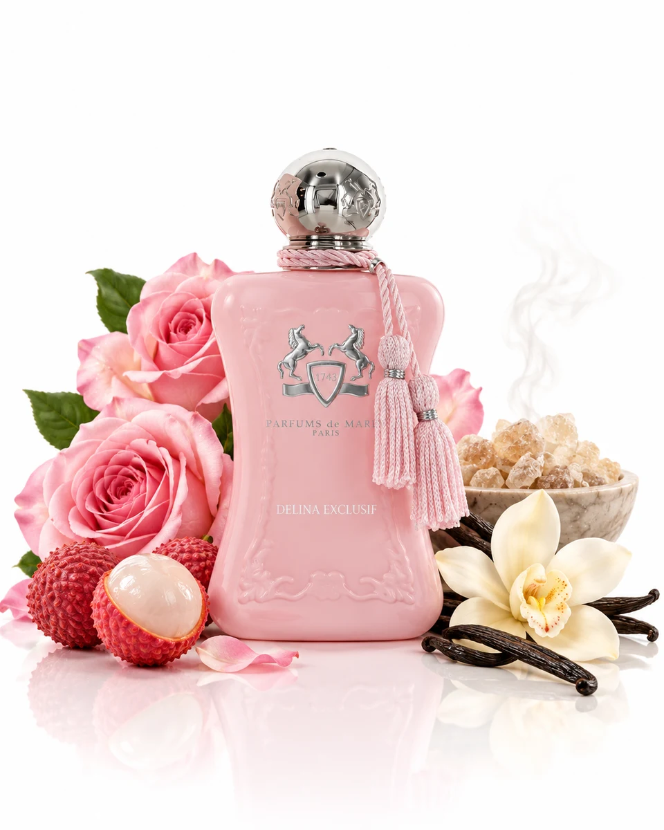 Parfums de Marly Delina Exclusif Eau de Parfum bottle with fragrance-note elements (AI-generated)