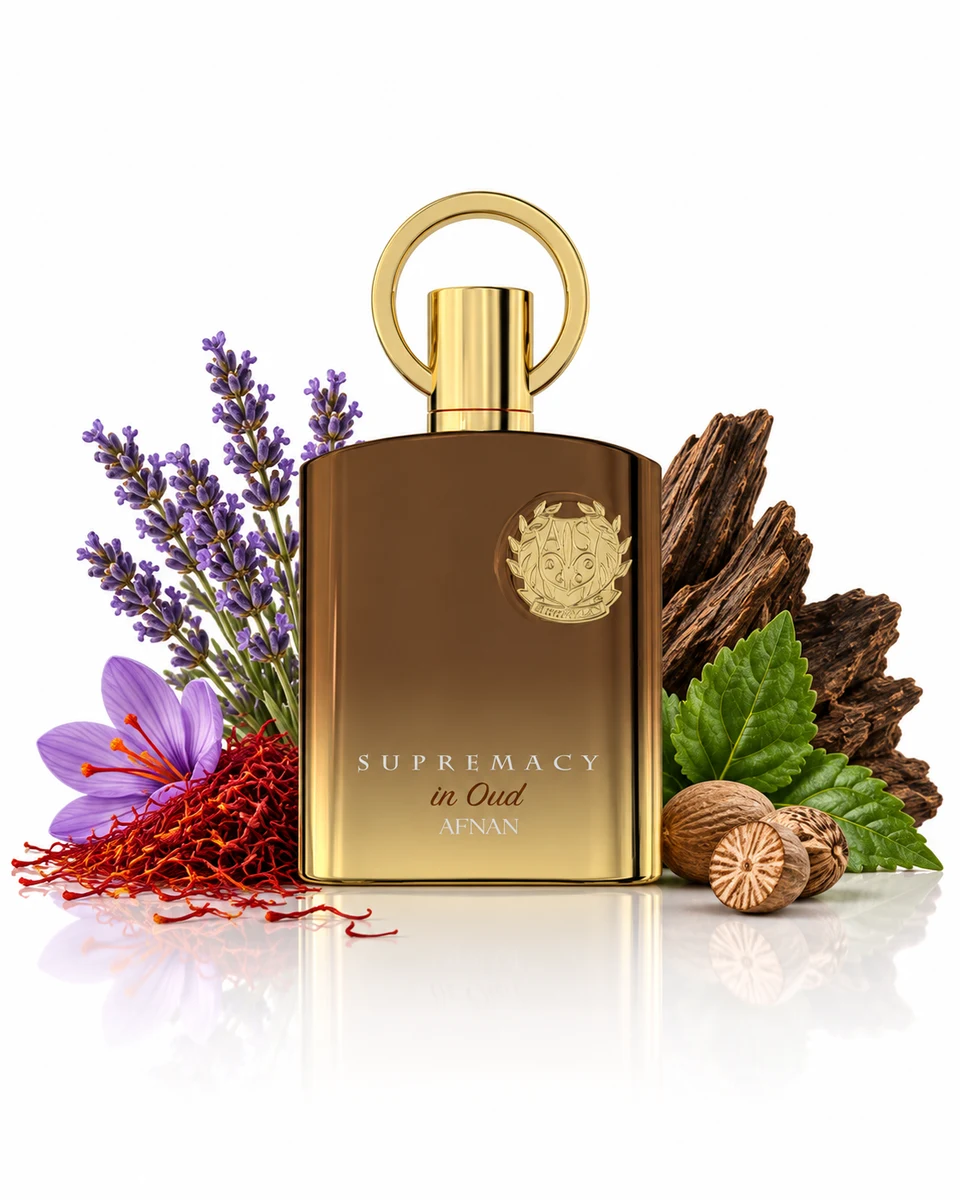 Afnan Supremacy in Oud Extrait de Parfum bottle with fragrance-note elements (AI-generated)