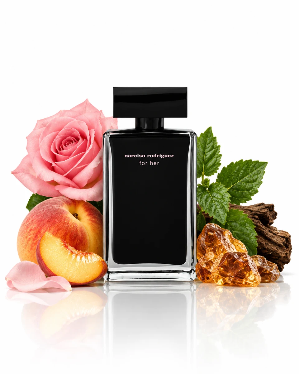 Narciso Rodriguez For Her Eau de Parfum bottle with fragrance-note elements (AI-generated)