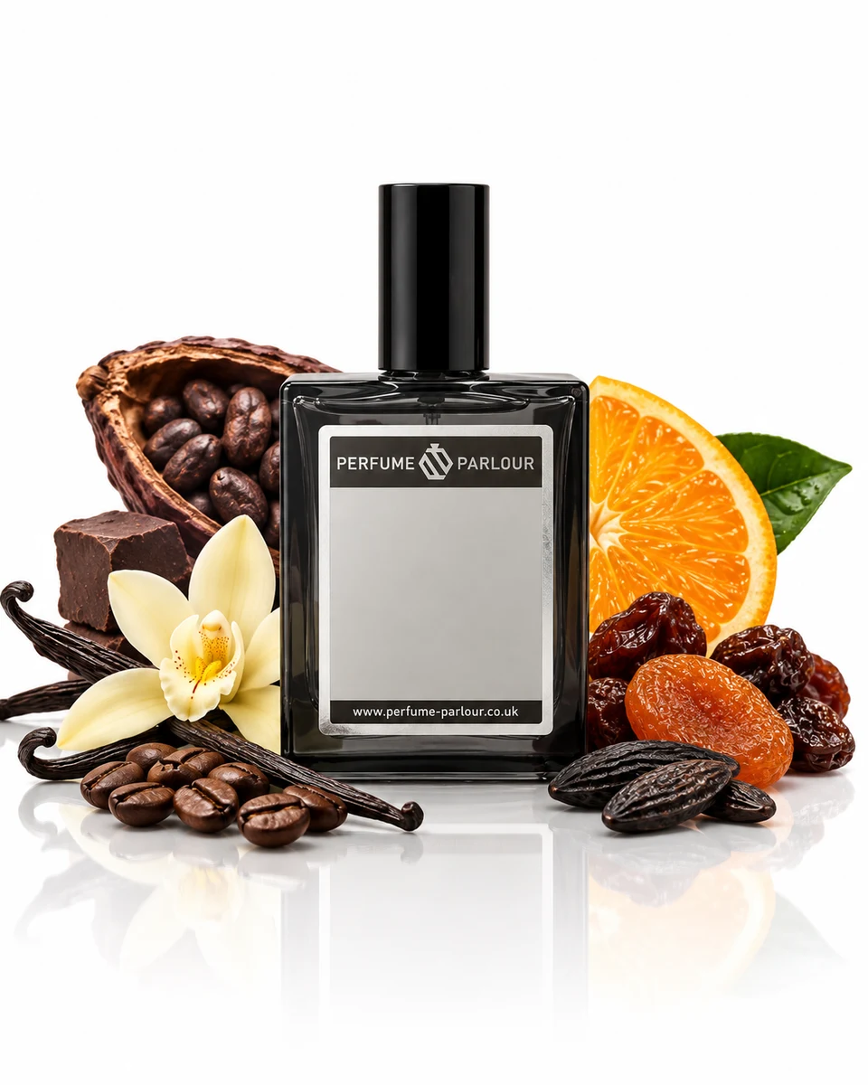 Perfume Parlour Cacao Lover - 1673 Eau de Parfum bottle with fragrance-note elements (AI-generated)