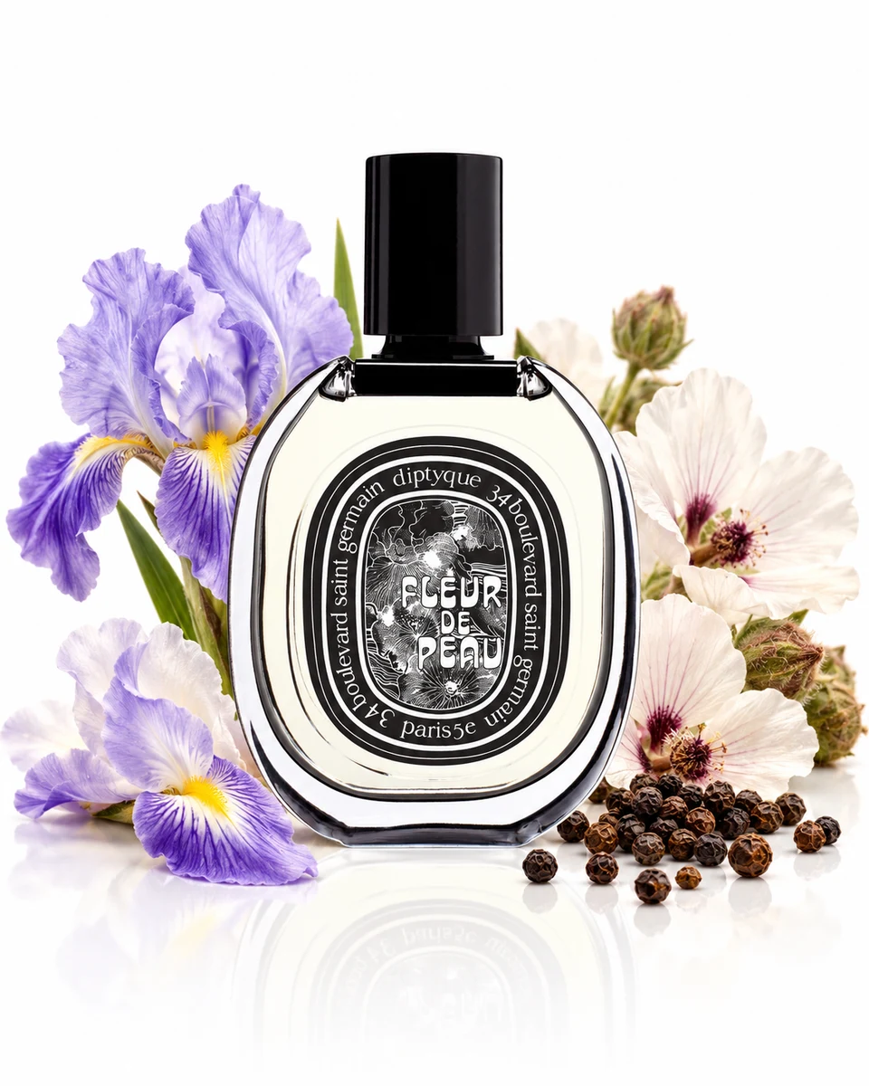 Diptyque Fleur de Peau Eau de Parfum bottle with fragrance-note elements (AI-generated)