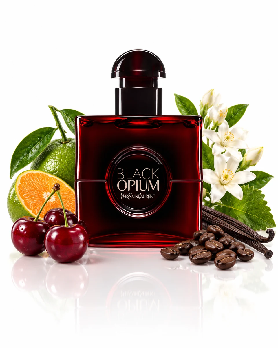 Yves Saint Laurent Black Opium Over Red Eau de Parfum bottle with fragrance-note elements (AI-generated)