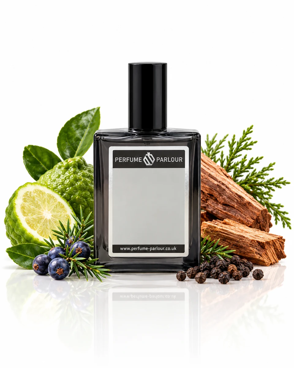 Perfume Parlour Cedar Valor For Men - 2196 Eau de Parfum bottle with fragrance-note elements (AI-generated)