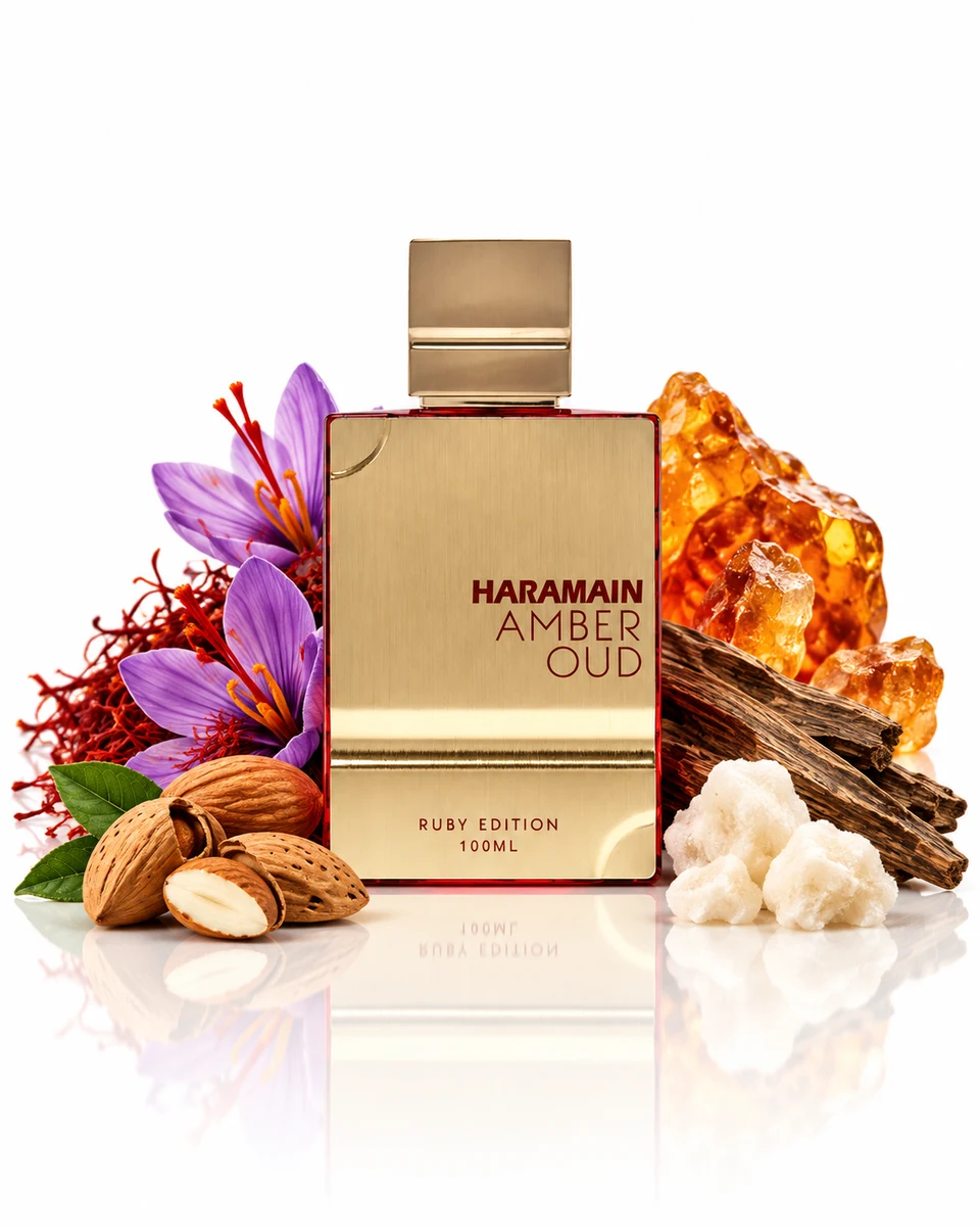 Al Haramain Amber Oud Ruby Edition Eau de Parfum bottle with fragrance-note elements (AI-generated)
