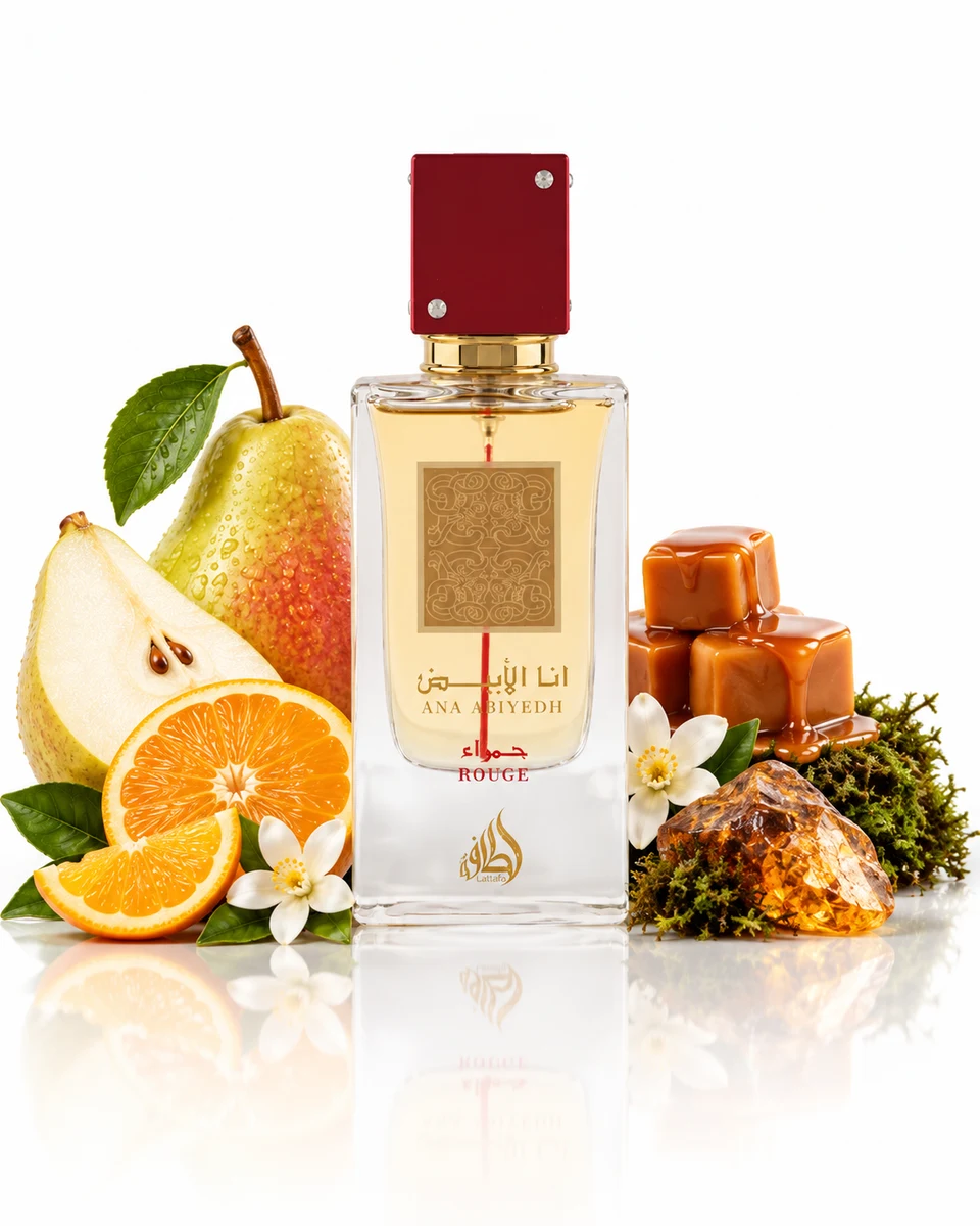 Lattafa Ana Abiyedh Rouge Eau de Parfum bottle with fragrance-note elements (AI-generated)
