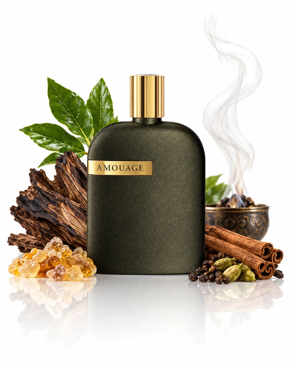 Amouage Opus VII Eau de Parfum bottle with fragrance-note elements (AI-generated)