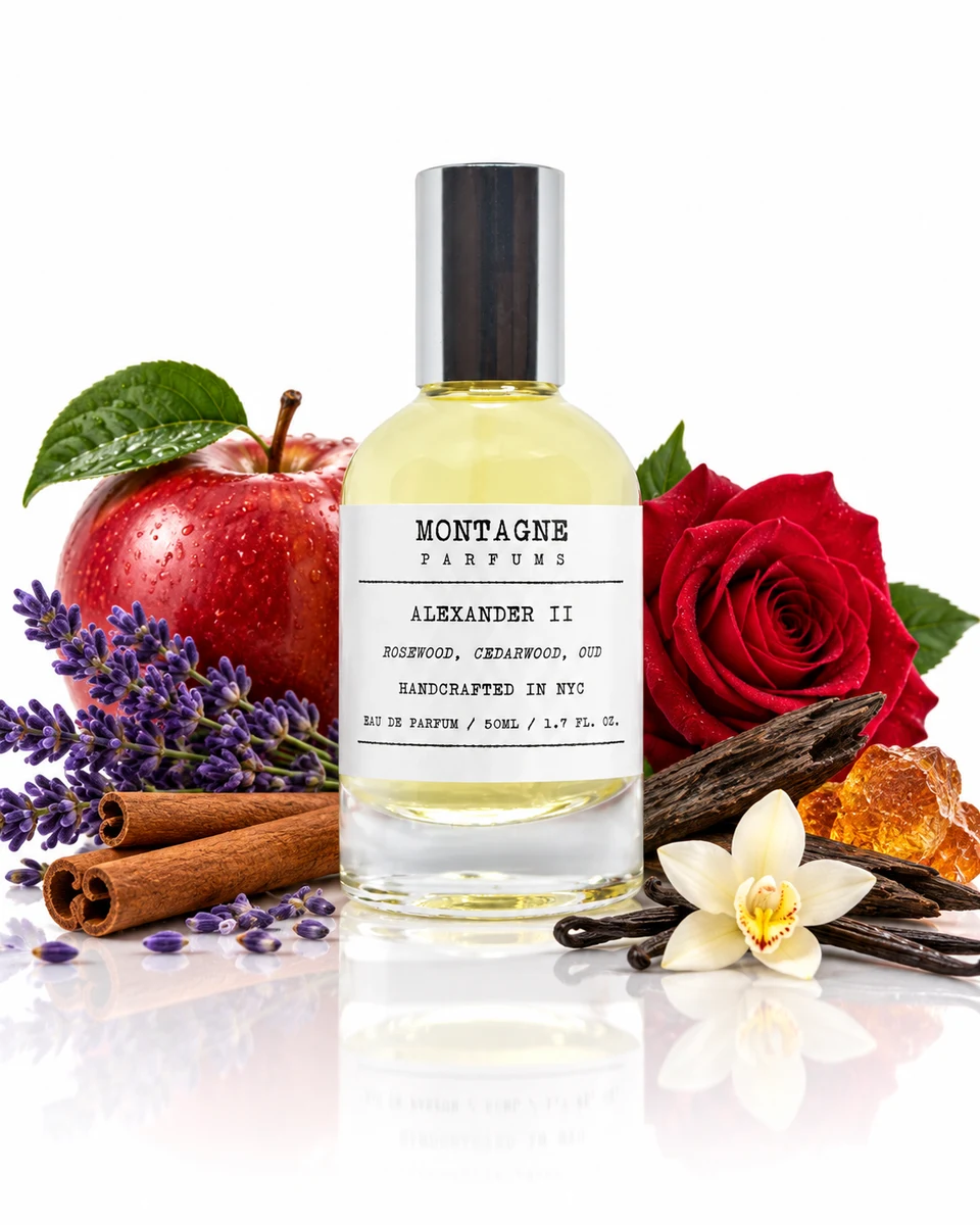 Montagne Parfums Alexander II Eau de Parfum bottle with fragrance-note elements (AI-generated)
