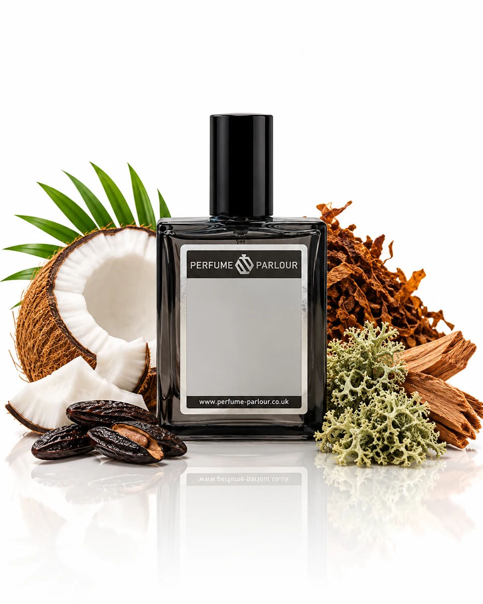 Perfume Parlour Flamed - 0731 Eau de Parfum bottle with fragrance-note elements (AI-generated)