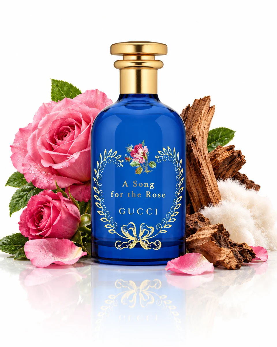 Gucci A Song for the Rose Eau de Parfum bottle with fragrance-note elements (AI-generated)