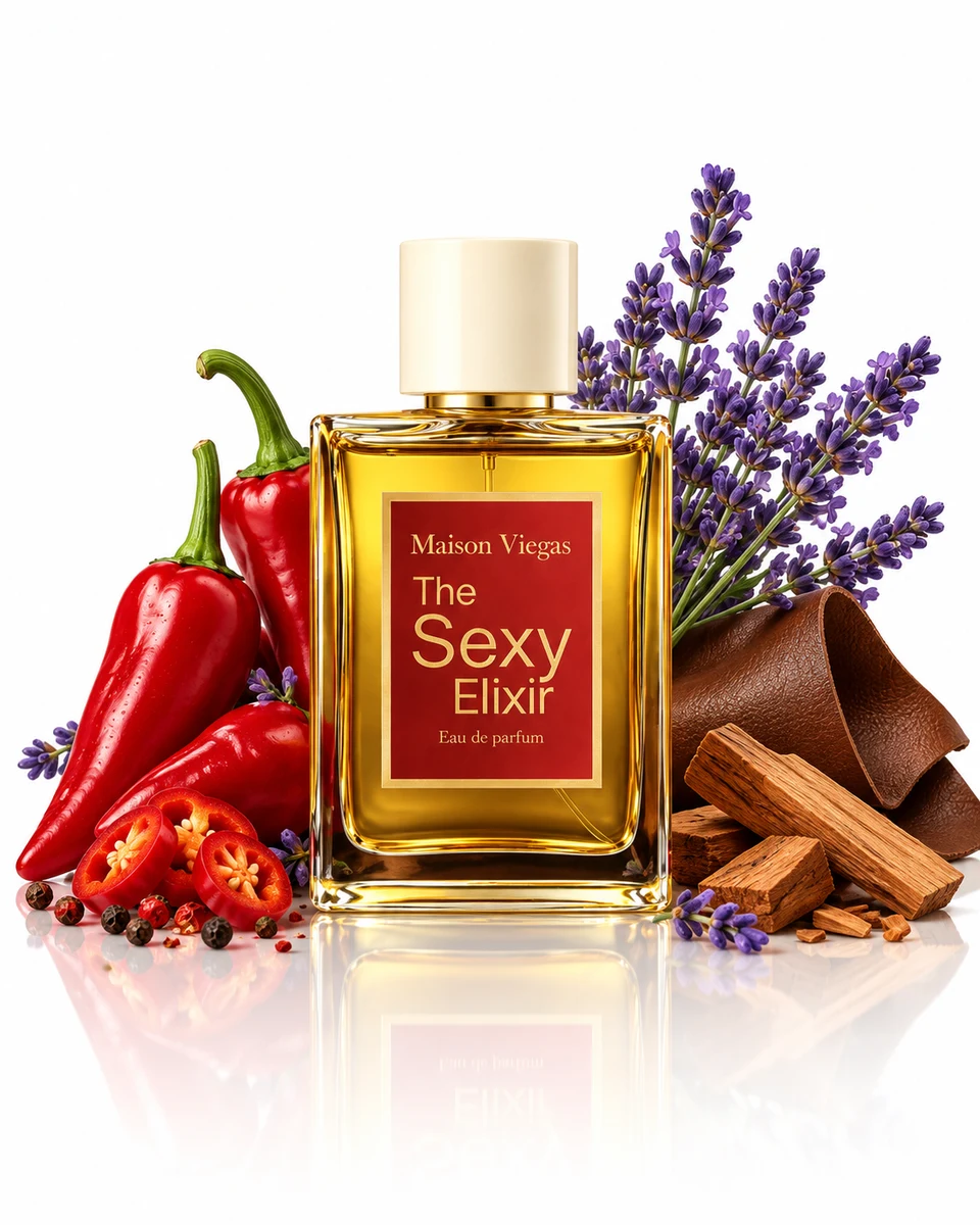 Maison Viegas The Sexy Elixir bottle with fragrance-note elements (AI-generated)
