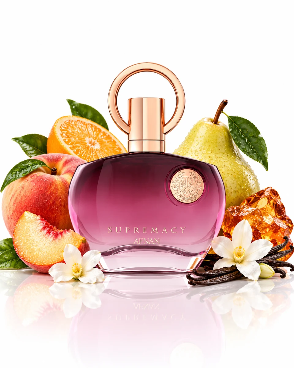 Afnan Supremacy Purple Eau de Parfum bottle with fragrance-note elements (AI-generated)