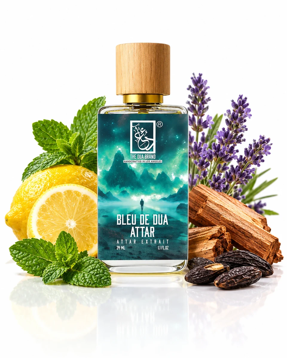 The Dua Brand Bleu de Dua Attar Extrait de Parfum bottle with fragrance-note elements (AI-generated)