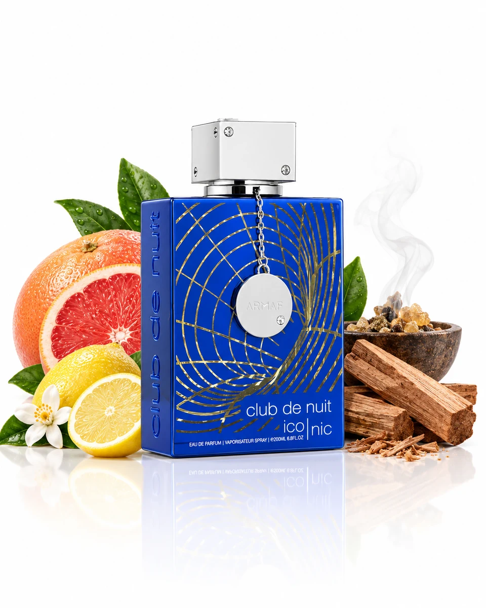 Armaf Club de Nuit Iconic Eau de Parfum bottle with fragrance-note elements (AI-generated)