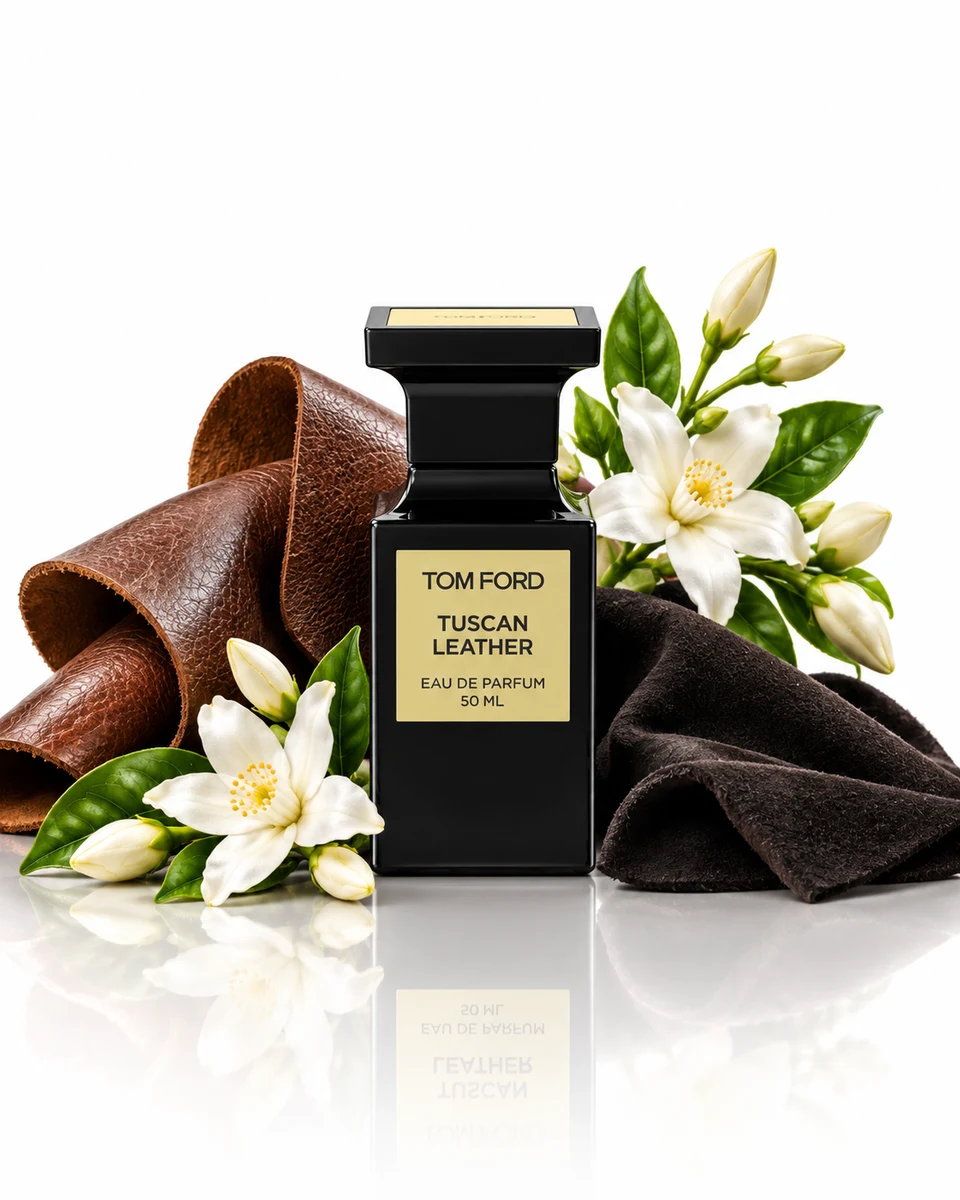 Tom Ford Tuscan Leather Eau de Parfum bottle with fragrance-note elements (AI-generated)