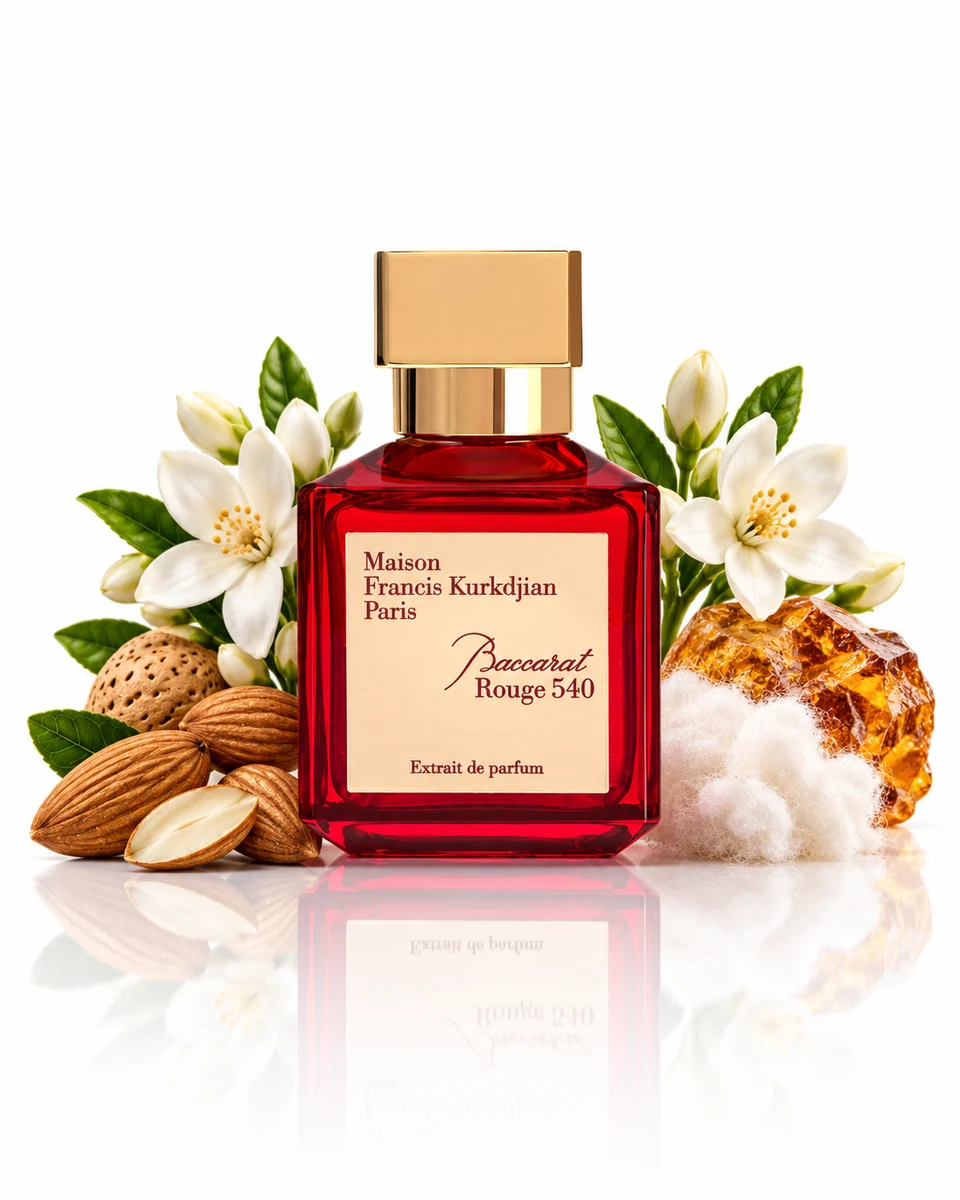 Maison Francis Kurkdjian Baccarat Rouge 540 Extrait Extrait de Parfum bottle with fragrance-note elements (AI-generated)