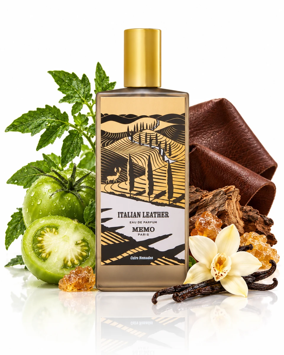 Memo Paris Italian Leather Eau de Parfum bottle with fragrance-note elements (AI-generated)