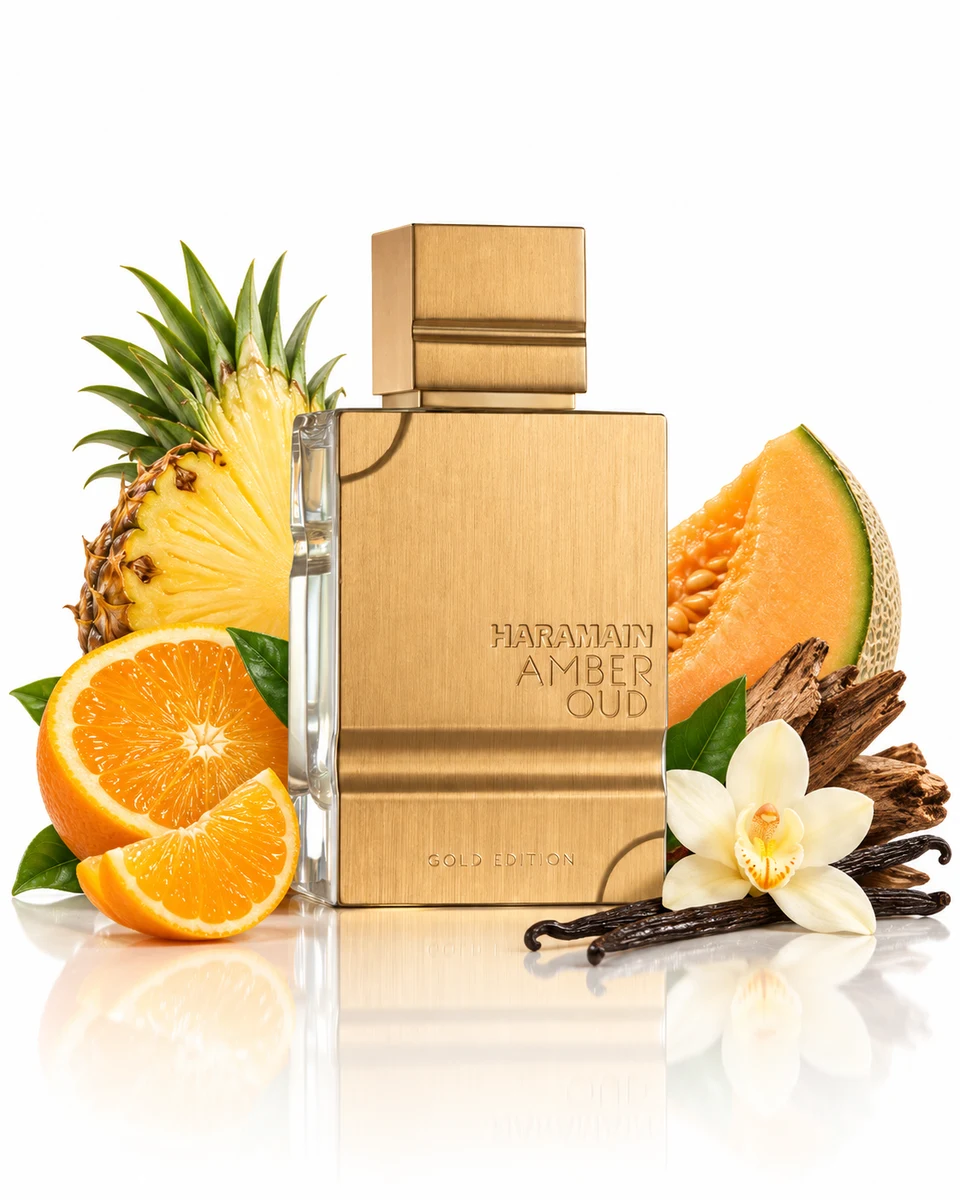 Al Haramain Amber Oud Gold Edition Eau de Parfum bottle with fragrance-note elements (AI-generated)