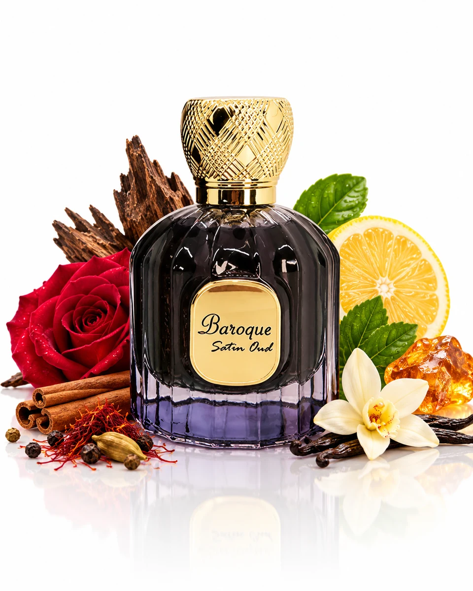 Maison Alhambra Baroque Satin Oud Eau de Parfum bottle with fragrance-note elements (AI-generated)
