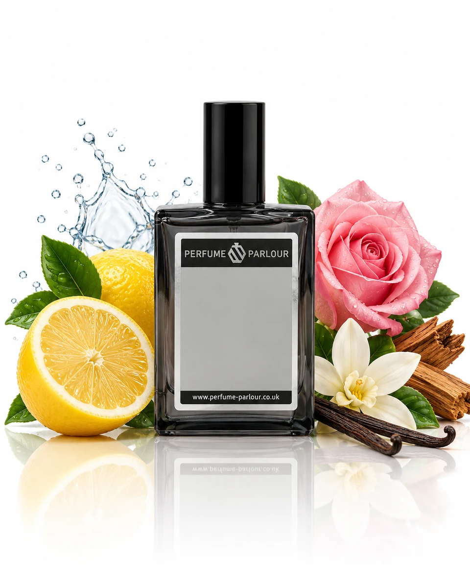 Perfume Parlour Flower Flavour For Women - 1676 Eau de Parfum bottle with fragrance-note elements (AI-generated)