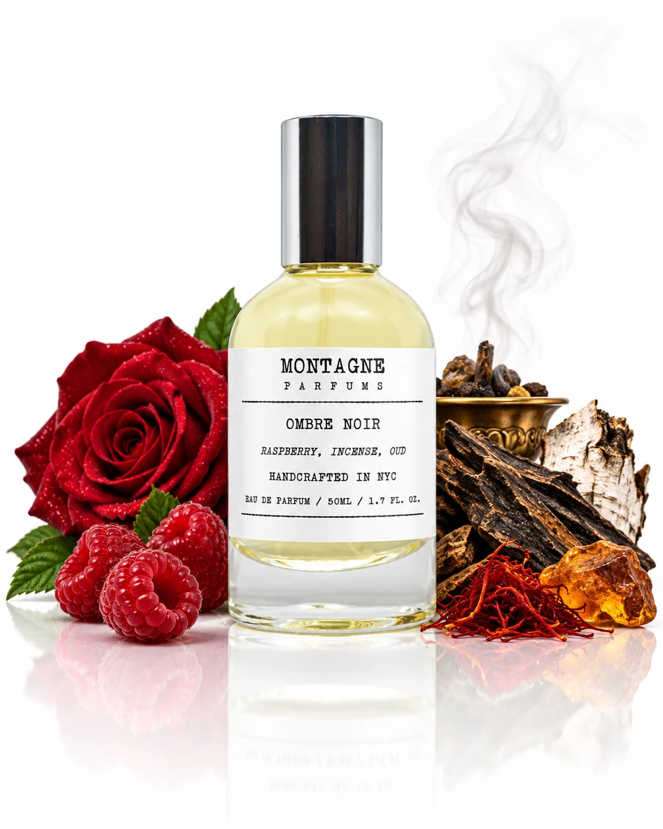 Montagne Parfums Ombre Noir Eau de Parfum bottle with fragrance-note elements (AI-generated)