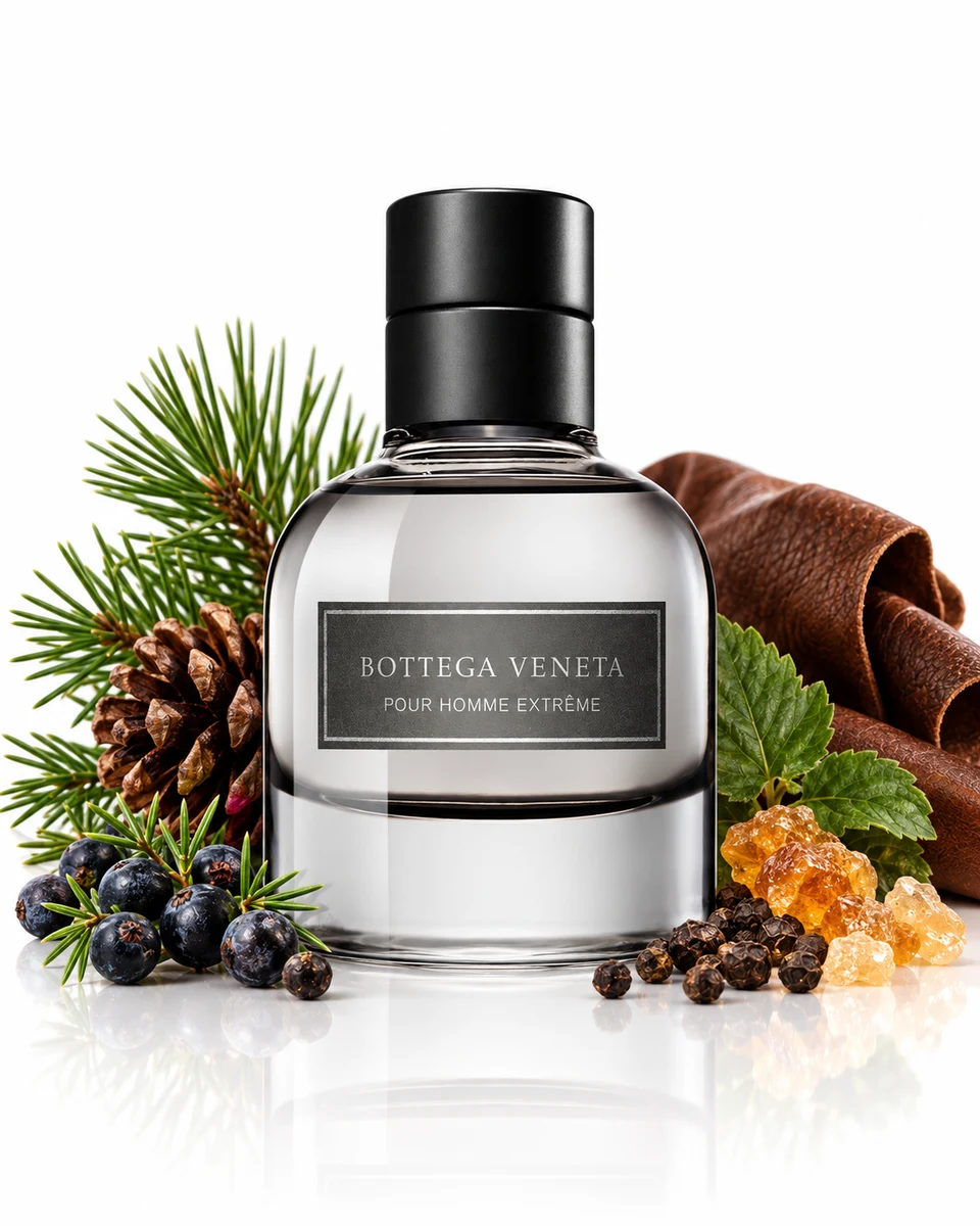 Bottega Veneta Pour Homme Extrême Eau de Toilette bottle with fragrance-note elements (AI-generated)